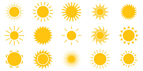 Sun icon set. Yellow sun star icons collection. Summer, sunlight, nature, sky. Vector illustration isolated on white background. - obrazy, fototapety, plakaty