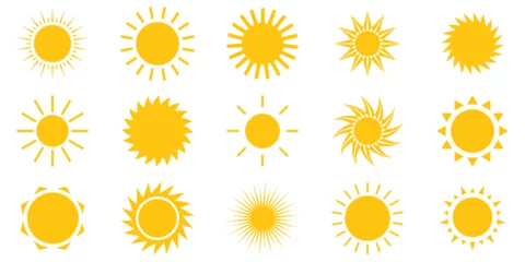 Fotobehang Sun icon set. Yellow sun star icons collection. Summer, sunlight, nature, sky. Vector illustration isolated on white background. © Quirk Craft Studio