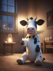 illustrazione di simpatica mucca pezzata che regge un grande bicchiere colmo di di latte - obrazy, fototapety, plakaty