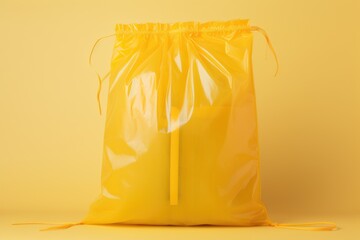 yellow plastic tied bag, against a matching yellow background, exuding a monochromatic aesthetic - obrazy, fototapety, plakaty