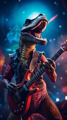 Rocking Dinosaur Guitarist in Vibrant Scene - obrazy, fototapety, plakaty