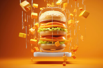 juicy burger, symbolizing fast food, seamlessly integrating with a modern smartphone, representing the ease of mobile ordering