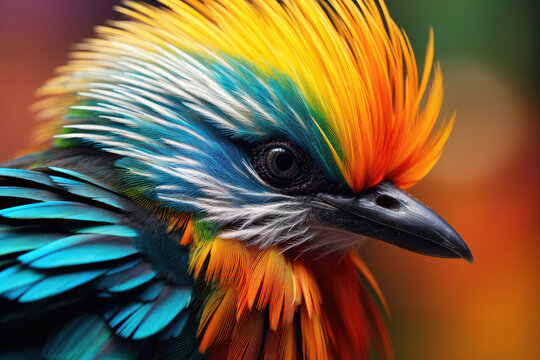 Macro close up photo of bird of paradise in turquoise, blue, red, orange and yellow colors