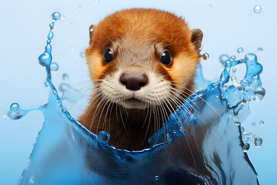 Cute Baby Otter Portrait in Vibrant Minimalist Studio. Generative AI illustration