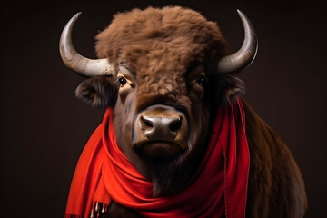 Naklejka premium Robust Bison with Pioneer's Bandana Portrait. Generative AI Illustration