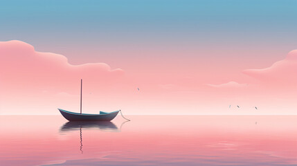 A lonely boat floating on a pastel gradient background