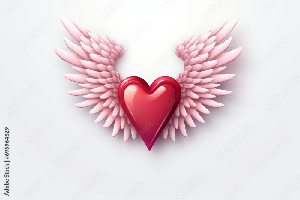 Poster heart with cupid wings. light background with selective focus and copy space