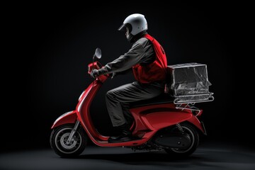 delivery courier in a vest and helmet rides a moped with a box for parcels, prepared to navigate through the city for fast delivery services, dark background