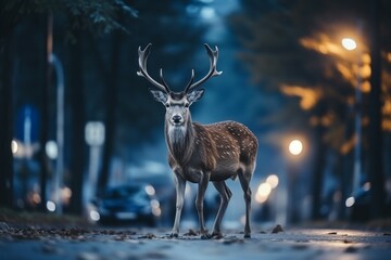 Deer on the road or highway. Background with selective focus and copy space