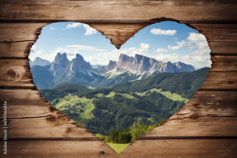 Poster hole in a wooden fence in the shape of a heart with a view of the mountains, framing. background wit
