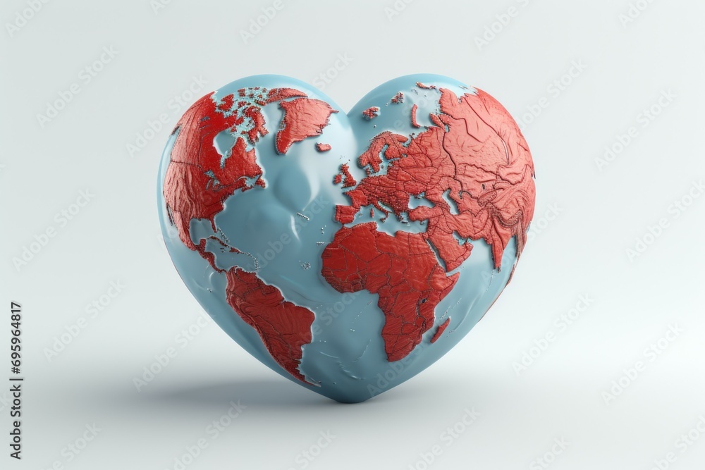 Poster planet earth in the shape of a heart with selective focus and copy space