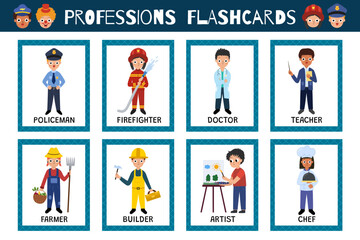 Professions flashcards collection. Occupation flash cards set with cute kids characters for practicing reading skills. Learn feelings vocabulary for school and preschool. Vector illustration