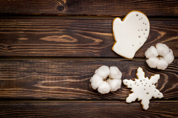 Homemade baked white Christmas cookies, top view. New Year background