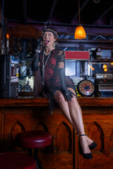 Roaring 20's flappers in basement speakeasy bar