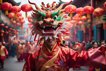 Chinese Dragon Dances in the streets and people watch the performance,  tradition of New Year celebrations Decoration.