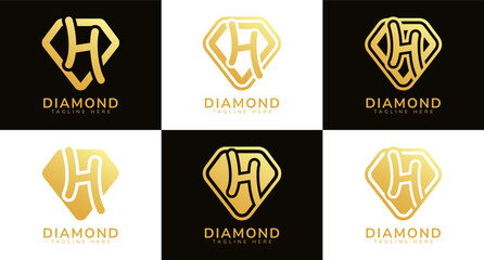 Set of diamond logos with initial letter H. These logos combine letters and rounded diamond shapes using gold gradation colors. Suitable for diamond shops, e-commerce