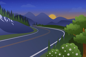 Vector landscape of the road, sunset in the mountains. Road through mountains, forest and meadows cartoon background
