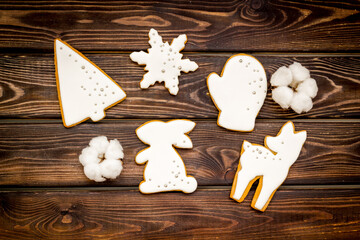 White Christmas cookies pattern, top view. New Year decoration
