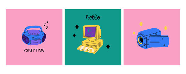 Retro electronics. Computer, flip phone and record player. Tamagochi, headphones and video, camera. Y2k cute stylish attributes. 1990s 2000s style cartoon isolated vector nostalgia illustration