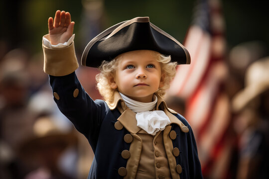 A child in presidential costume saluting flag USA