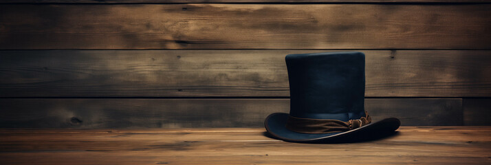 A single Abraham Lincoln's stovepipe hat placed on a textured wooden surface background with empty space for text  - obrazy, fototapety, plakaty