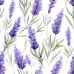 Fototapeta premium Delicate and fragrant lavender flower blooms in a beautiful top view seamless pattern
