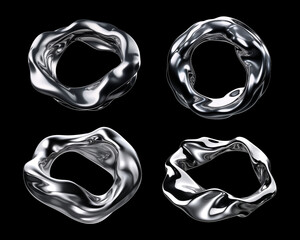 Melty chrome wavy circle shapes isolated. Y2K futuristic distorted liquid metal silver - obrazy, fototapety, plakaty