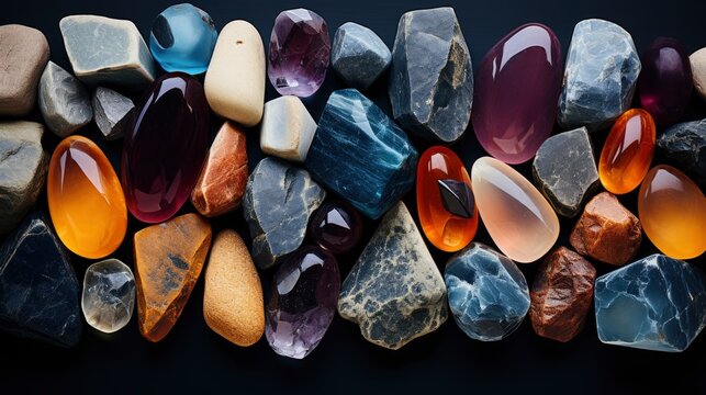 Various Crystals Stones On Gray Concrete, Background Image, Background For Banner, HD