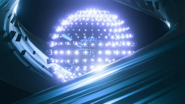 Psychedelic abstract bright disco ball spinning seamless. Glowing blue colors. Seamless loop background. Dance party. 3d render for music performance. Seamless VJ loop animation