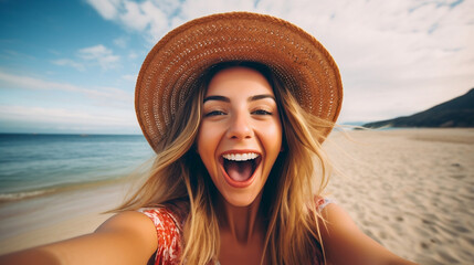 Happy laughing tourist girl woman taking selfie with smart mobile phone outside enjoying summer vacation at the beach, Travel life style