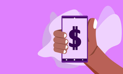 illustration of a hand holding a smartphone containing dollars with shite space