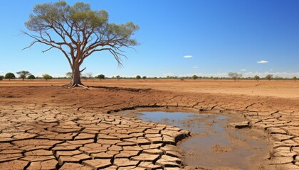 Symbolic portrayal of drought and climate change dead trees on cracked earth landscape.