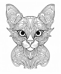 Coloring book page for adults, geometric Oriental cat, elegant style, symmetrical lines, thick lines, low detail