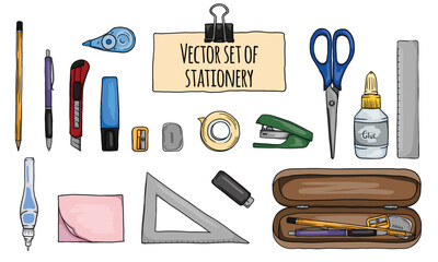 Vector set of stationery accessories for office, school, study and work. Isolated objects for design