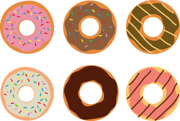 Donuts with different color frosting, set. Side view donuts in glaze, with sprinkles, for cafe menu design, cafe decoration, discount voucher, flyer, advertising poster. Vector illustration