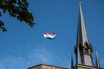 Views of flag of Luxembourg country in Luxembourg or Luxembourg City capital city and one of de facto capitals of European Union