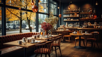 cozy modern cafe with a wooden interior, large windows and an atmosphere to show the best coffee establishments in the city, generative AI