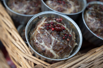 French food, artisan oven baked meat terrine, pate from pork on weekly marken in Belgian Durbuy small town