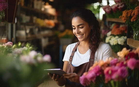 young indian business owner woman using tablet at flower shop