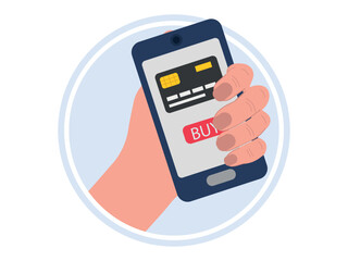 Mobile banking application and electronic payment. Human hand with smartphone and payment by credit card via e-wallet via internet in phone. Online banking.