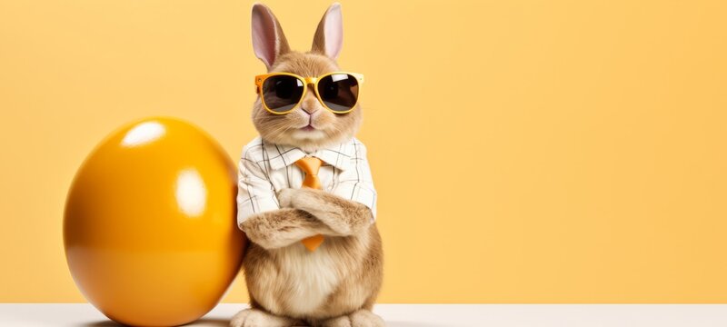 Funny easter concept holiday animal greeting card - Cool Easter bunny with sunglasses leans on a large painted yellow easter egg on table