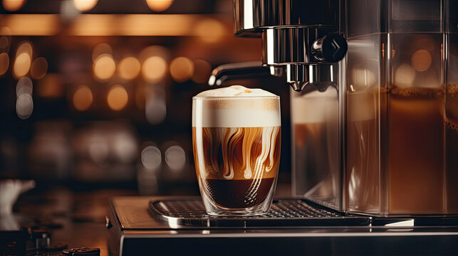 Coffee latte macchiato in a transparent glass near the coffee machine.