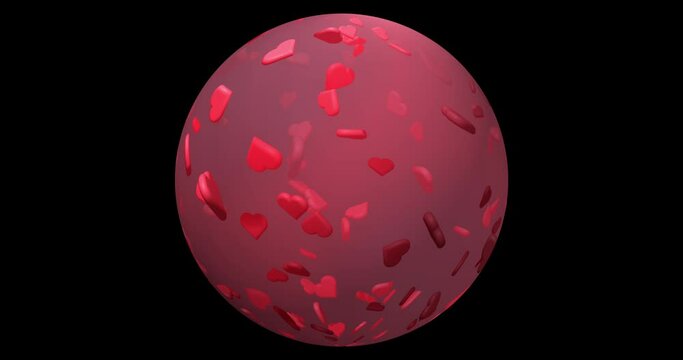 Abstract liquid ball with floating red hearts inside. Seamless looping animation for Valentine's day.