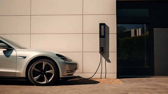 Power supply for electric car charging. Electric car charging station. Close up of the power supply plugged into an electric car being charged. sunlight