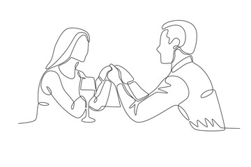 Lovers holding each other's hands. Candle light dinner one-line drawing