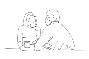 A couple talks romantically with a cup of tea. Candle light dinner one-line drawing