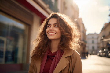 Happy Female with Book in Vibrant Spanish City Setting