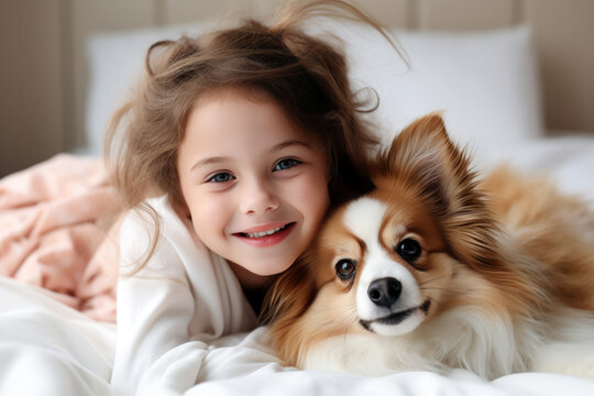 Bedtime Bliss. Adorable Child Sharing a Cozy Moment with Pet Dog