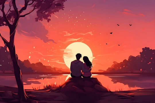 Cartoon style illustration of couple sitting together, embracing each other, watching riverside sunset, romantic scenery, love and romance dating concept, Generative AI