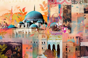 zentangle ancient middle eastern Istanbul city , digital collage with flowers that combines vintage imagery